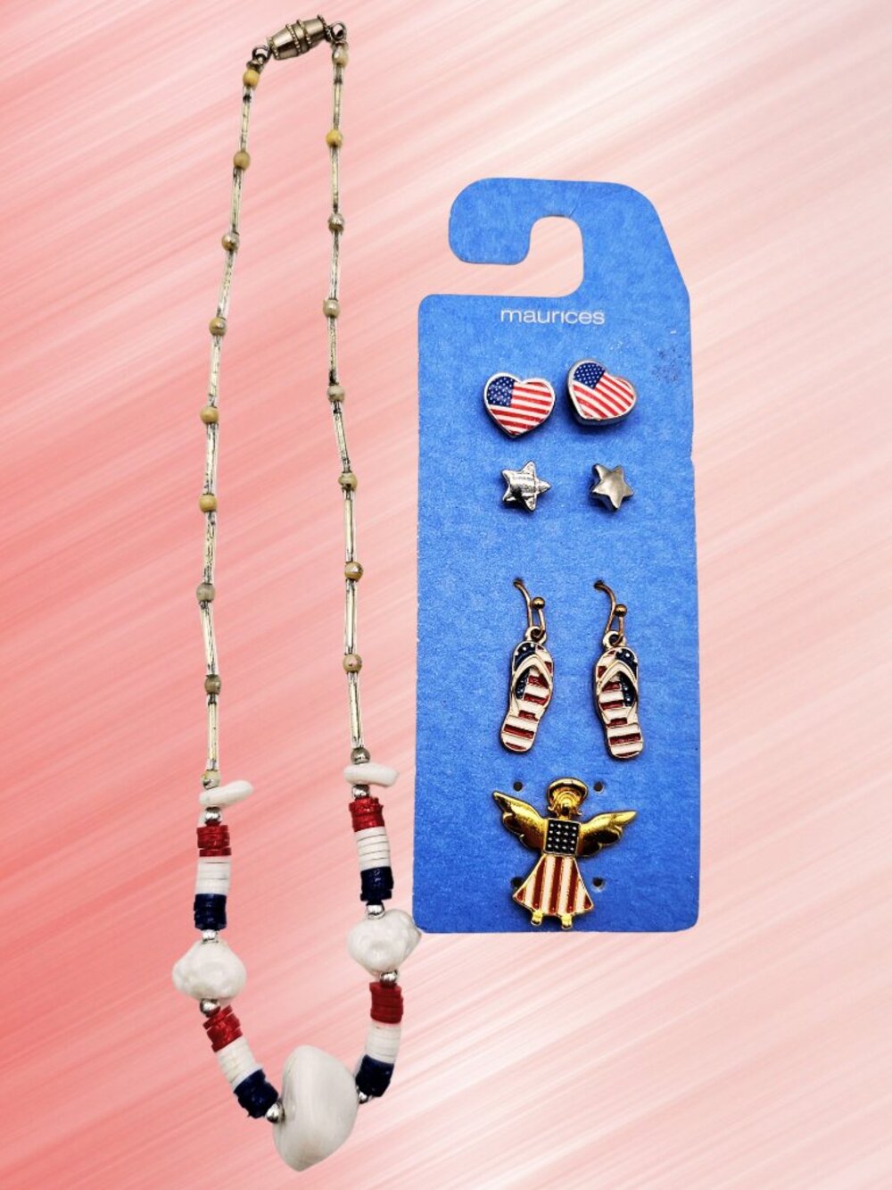 Maurices Patriotic Jewelry Set Necklace & 4 Pairs Earrings Red White Blue USA